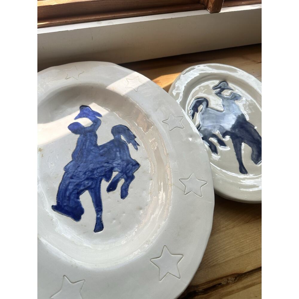 Artisan Western Wyoming Bronco Pottery Set | Large Platters Imperfect Condition